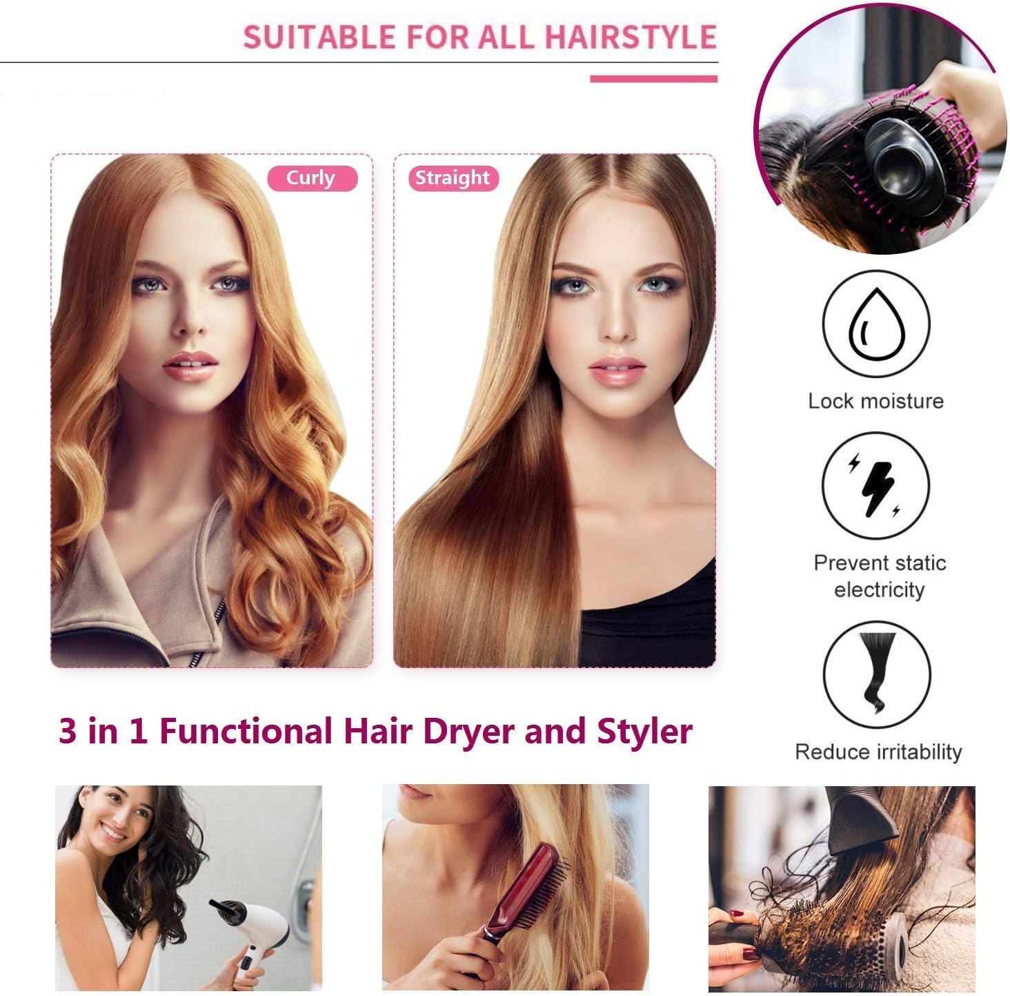 Hot Air Brush 3-in-1 Hair Dryer & Styler for Salon